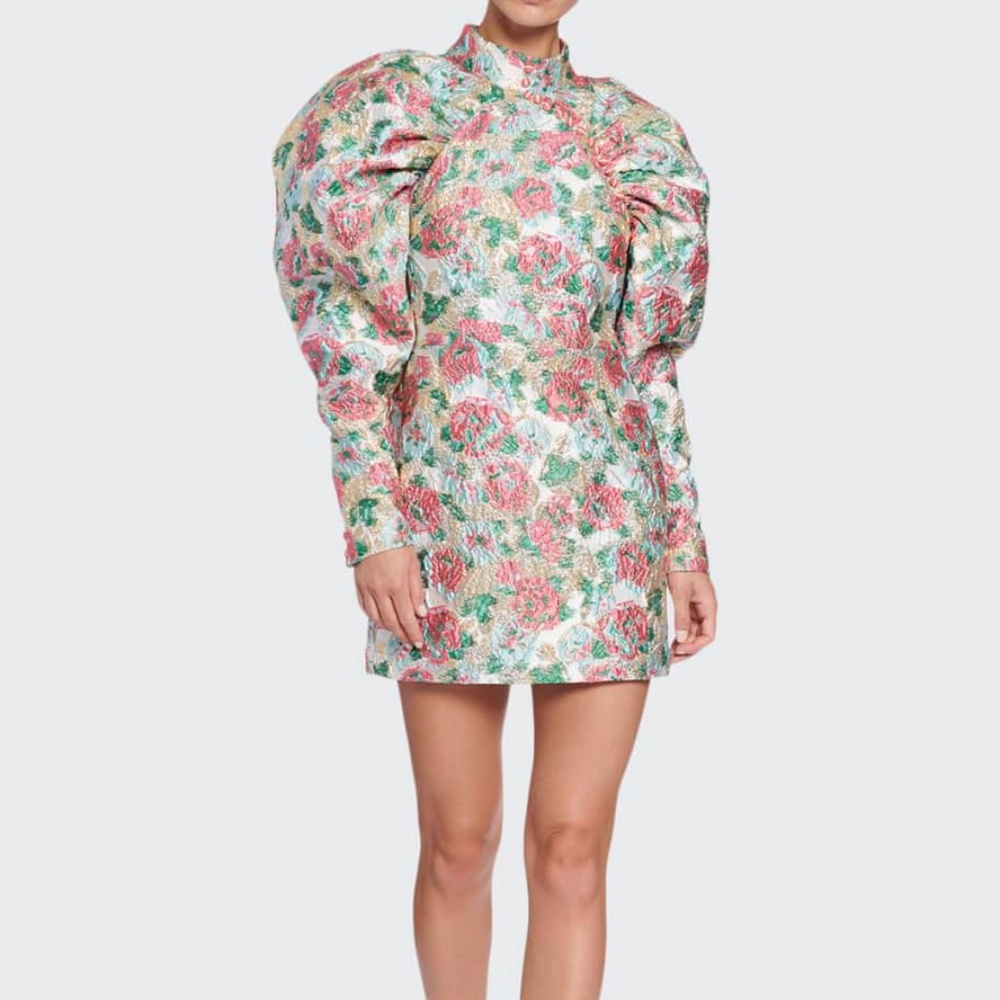 Rotate Kim Puff-Sleeve Floral Rose Jacquard Mini Dress Size EU36 US 4-6 NWT